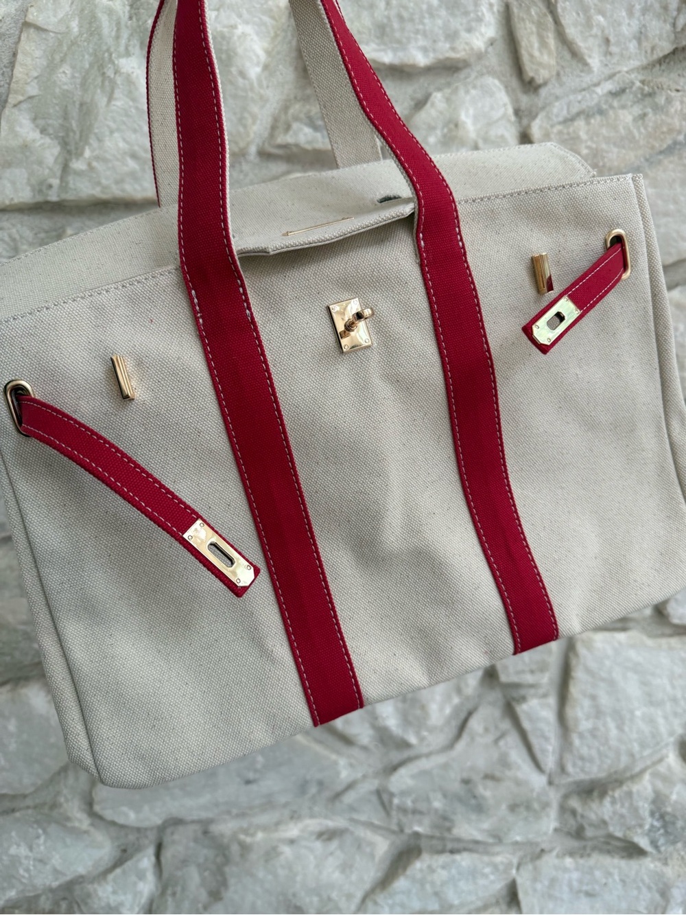 Boatkin Canvas Tote Bag with Red Trim - Women's Carryall - Picture 2 of 3